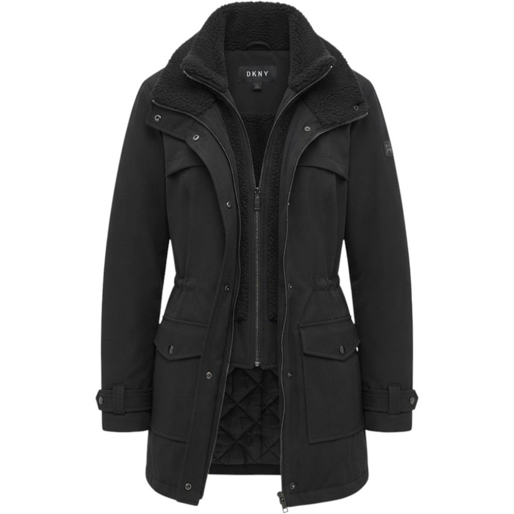 DKNY Womens Black Softshell Sherpa Lined Parka Jacket DL902627 Size S